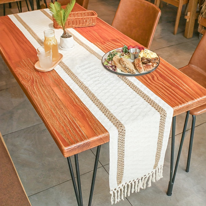 Boho Farmhouse Style Polyester Table Runner with Brown Macrame and Tassels for Holiday and Wedding Decor