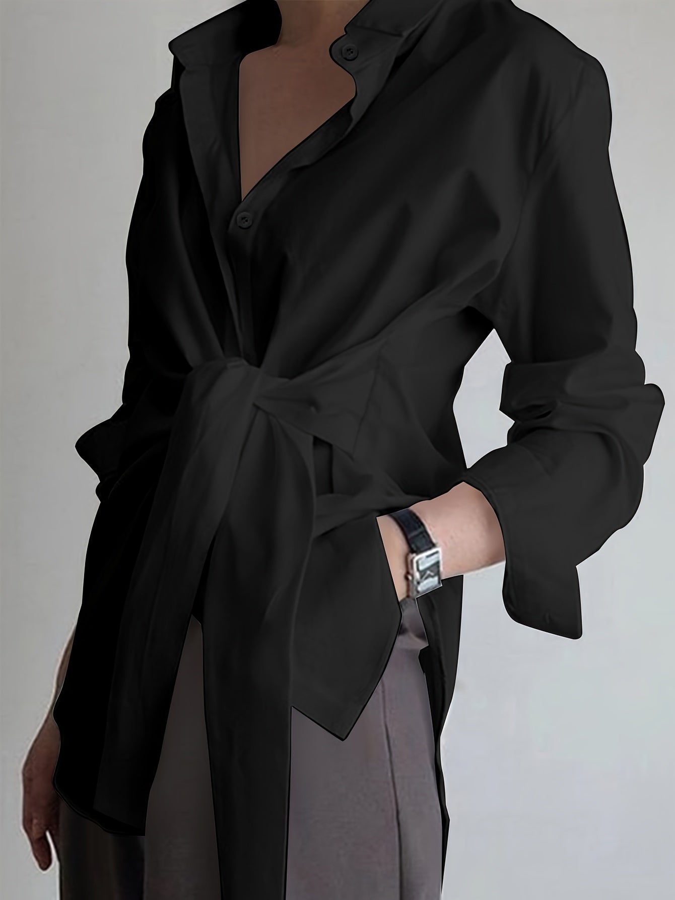 Women's Long Sleeve Polyester Shirt with Lapel Collar and Button Front