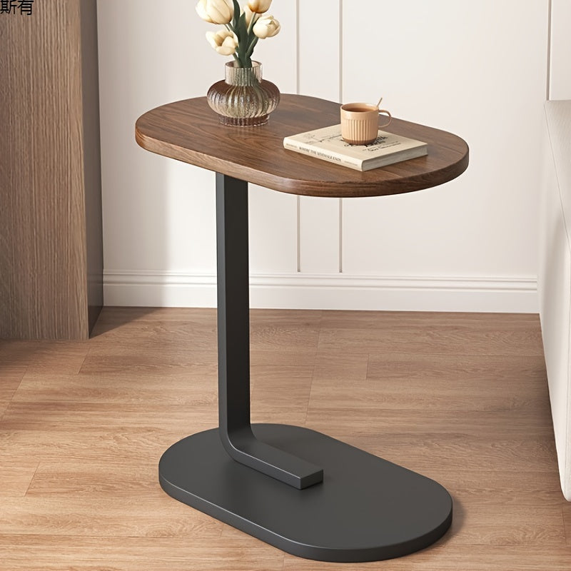 Hardwood Sofa End Table with Metal Base C-Shaped TV Tray for Living Room Bedroom