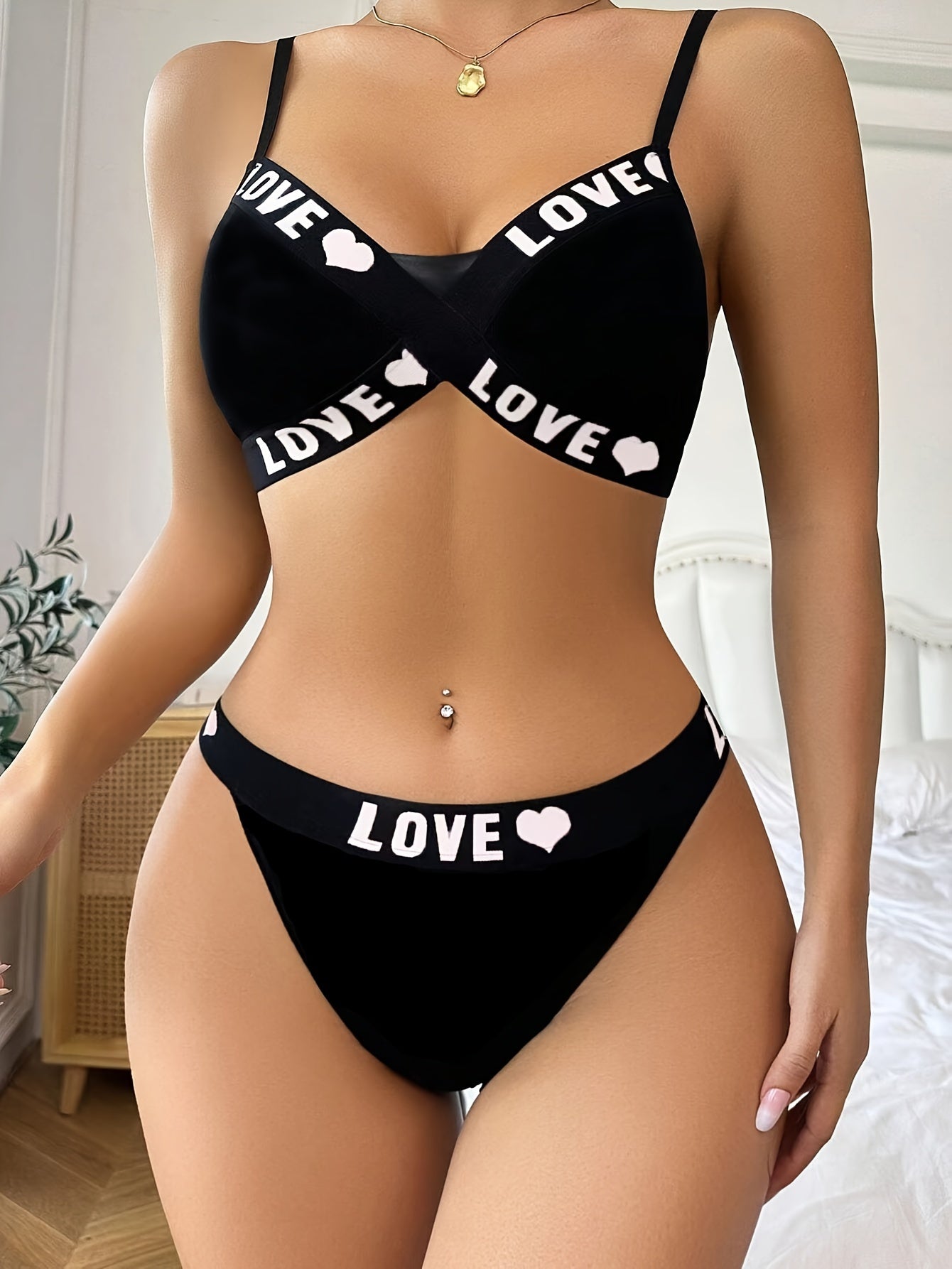 Women’s Medium Support Bikini Set with Letter Print Non-Transparent Knit Fabric