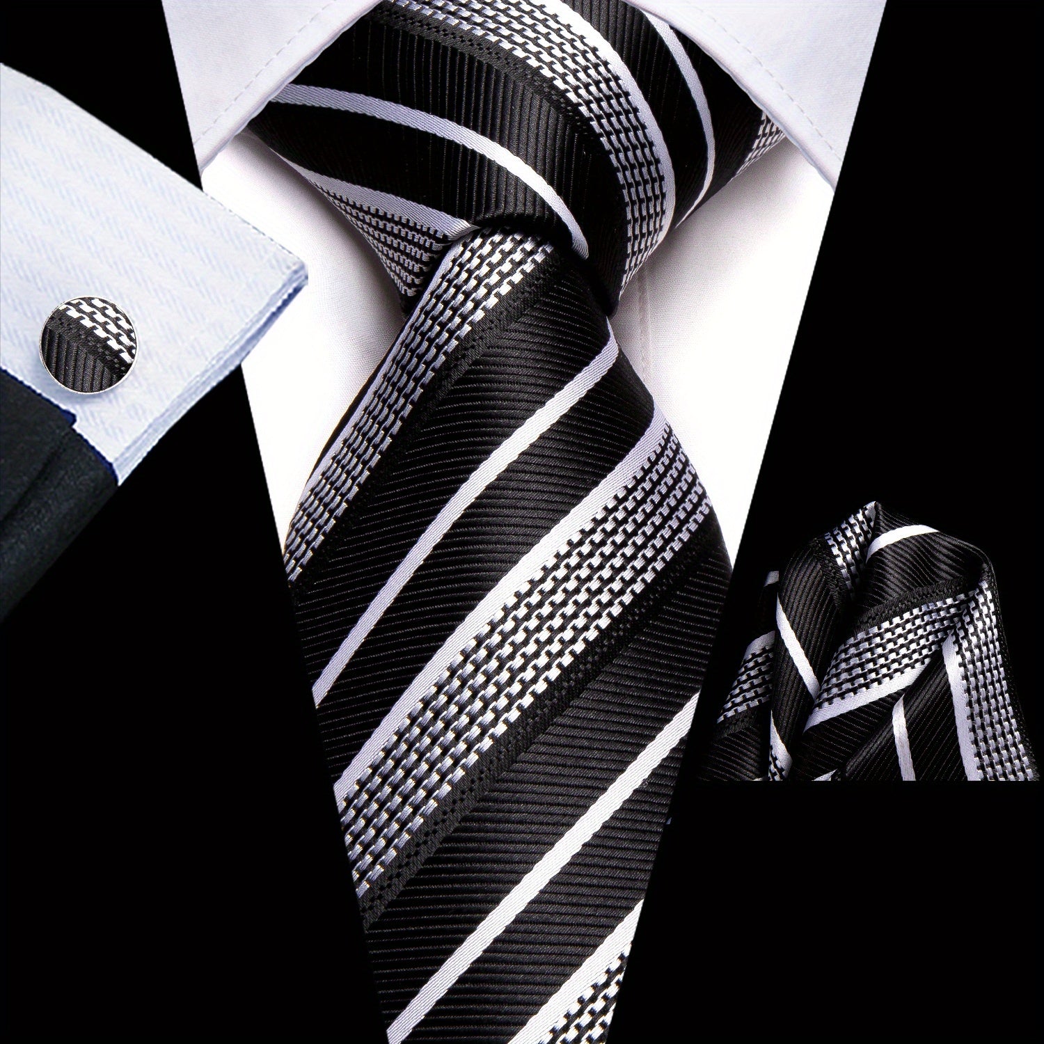Men's Classic Necktie Set 160cm with Matching Hanky and Cufflinks for Business and Formal Events