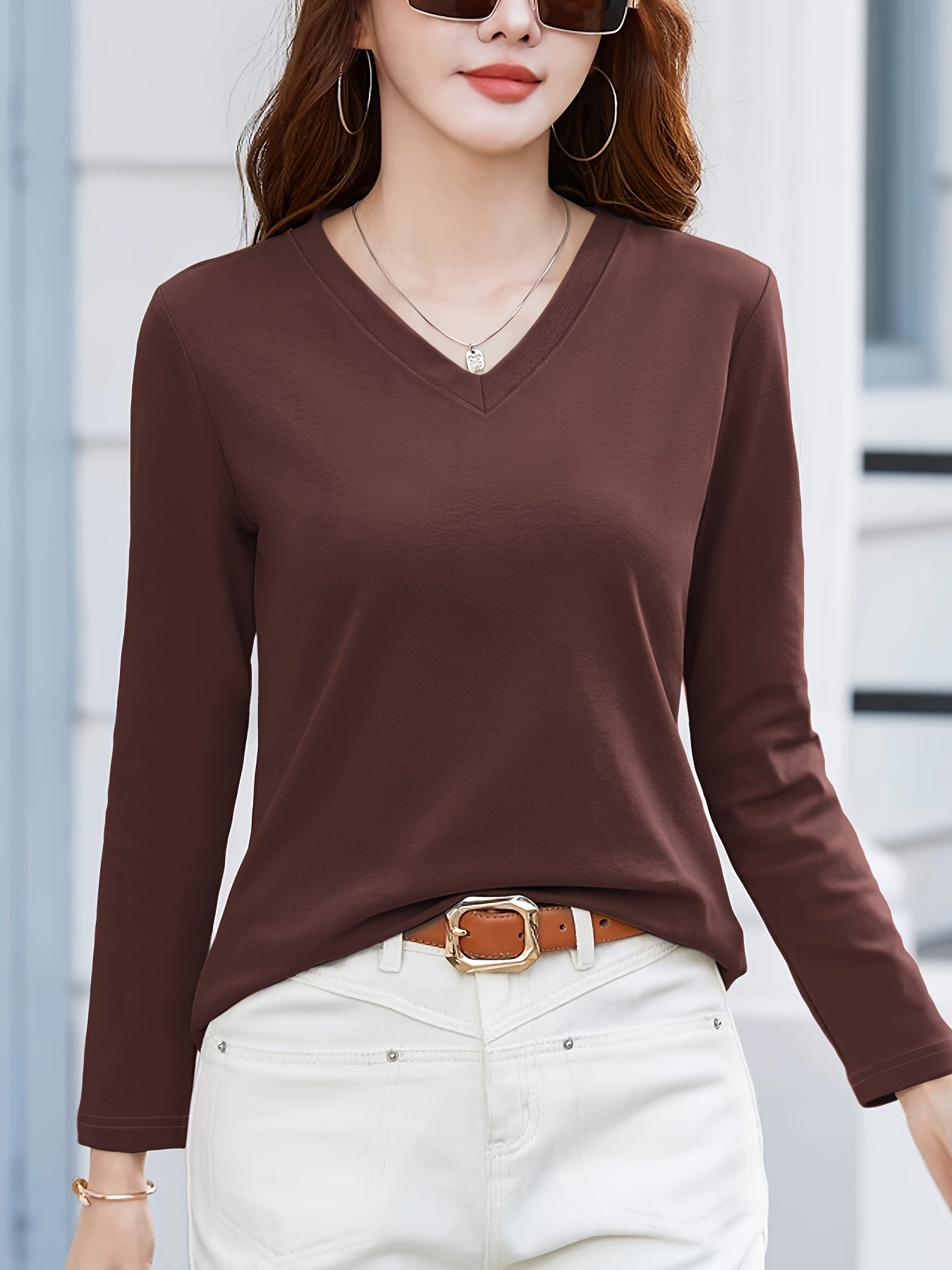 Women's Solid Color V-Neck Casual Top Polyester Spring Summer Mid Elasticity