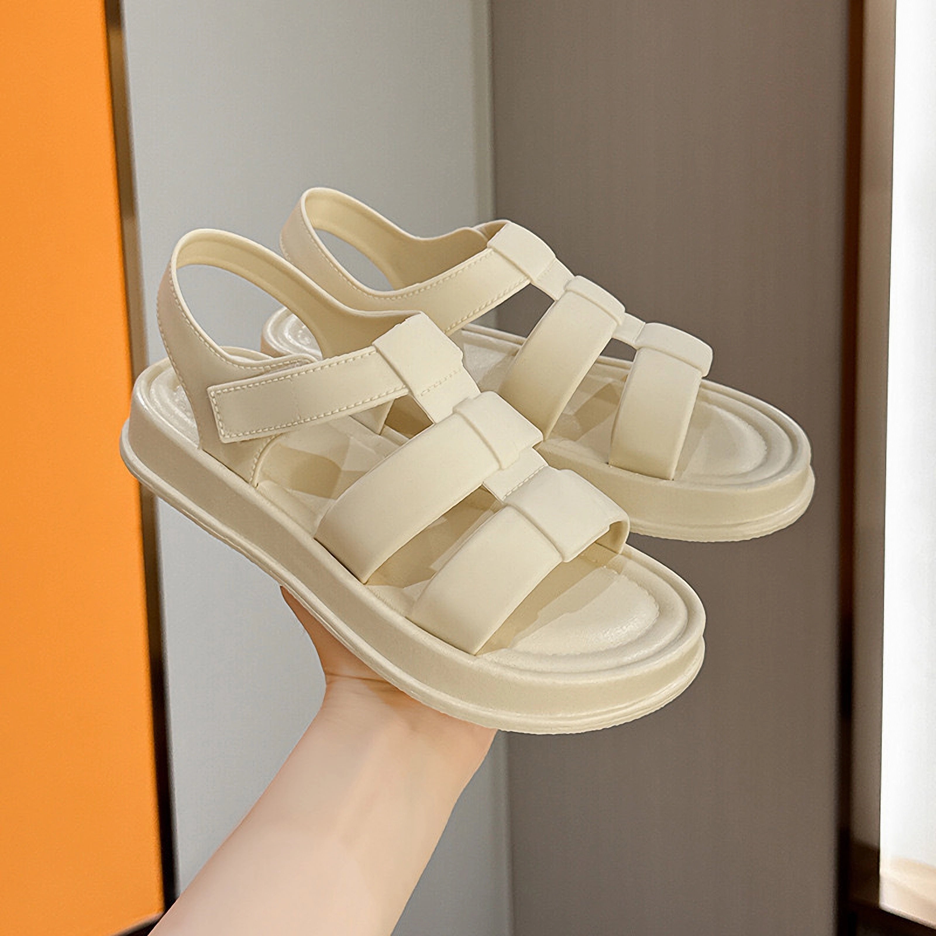 Women's Summer PVC Sandals Open Toe Flat Heel Casual with Hook-and-Loop Closure