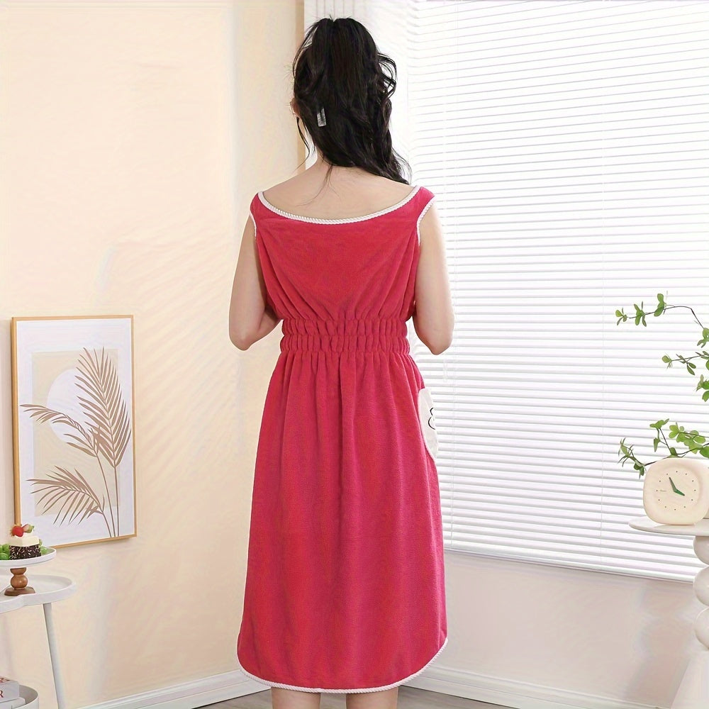 Adult Coral Fleece Wearable Bath Towel with Heart Pocket and Elastic Waistband Absorbent Non-Shedding