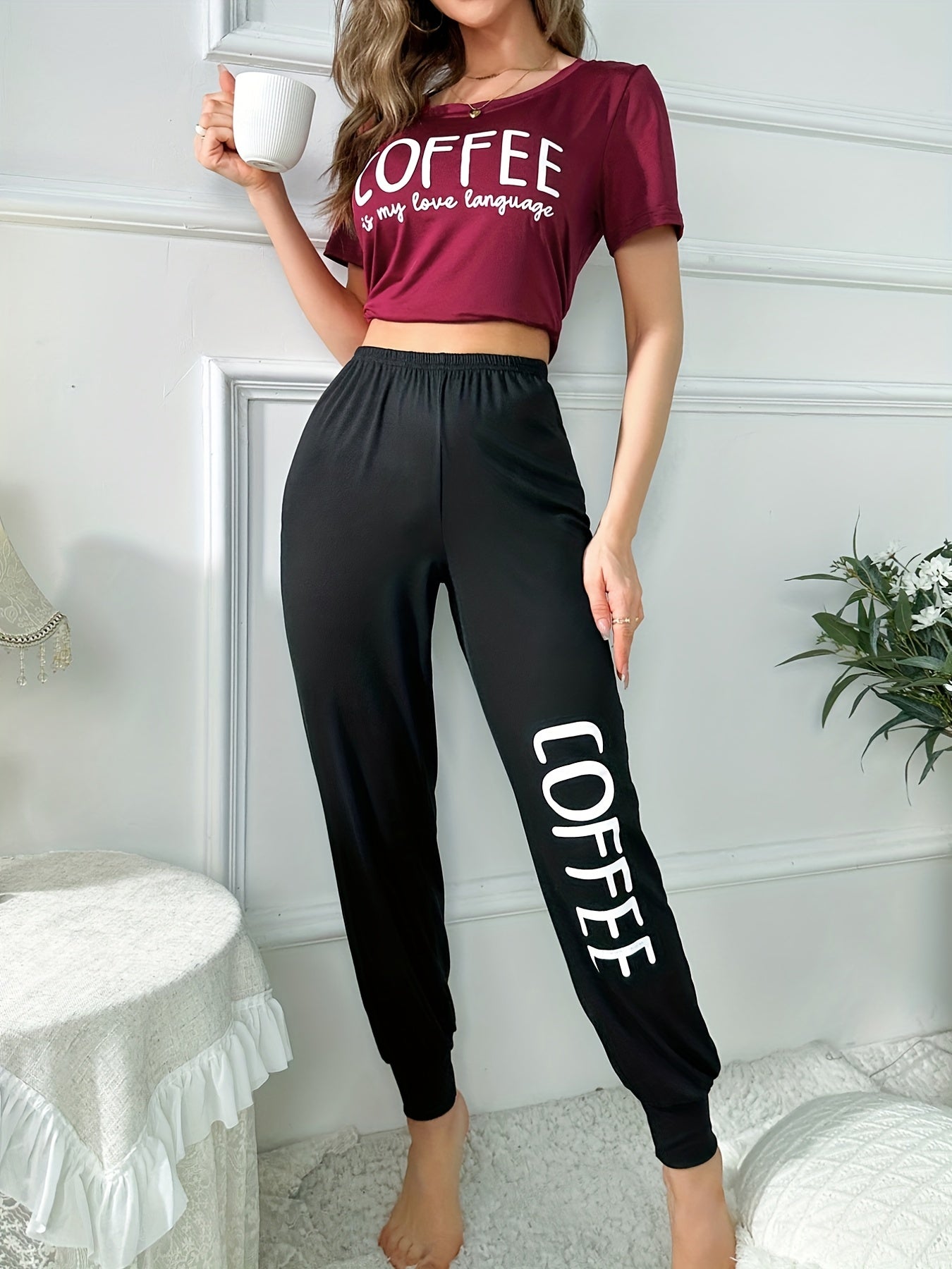 Women's Coffee Letter Pattern Lounge Set Short Sleeve Top and Elastic Pants for Sleep and Lounge
