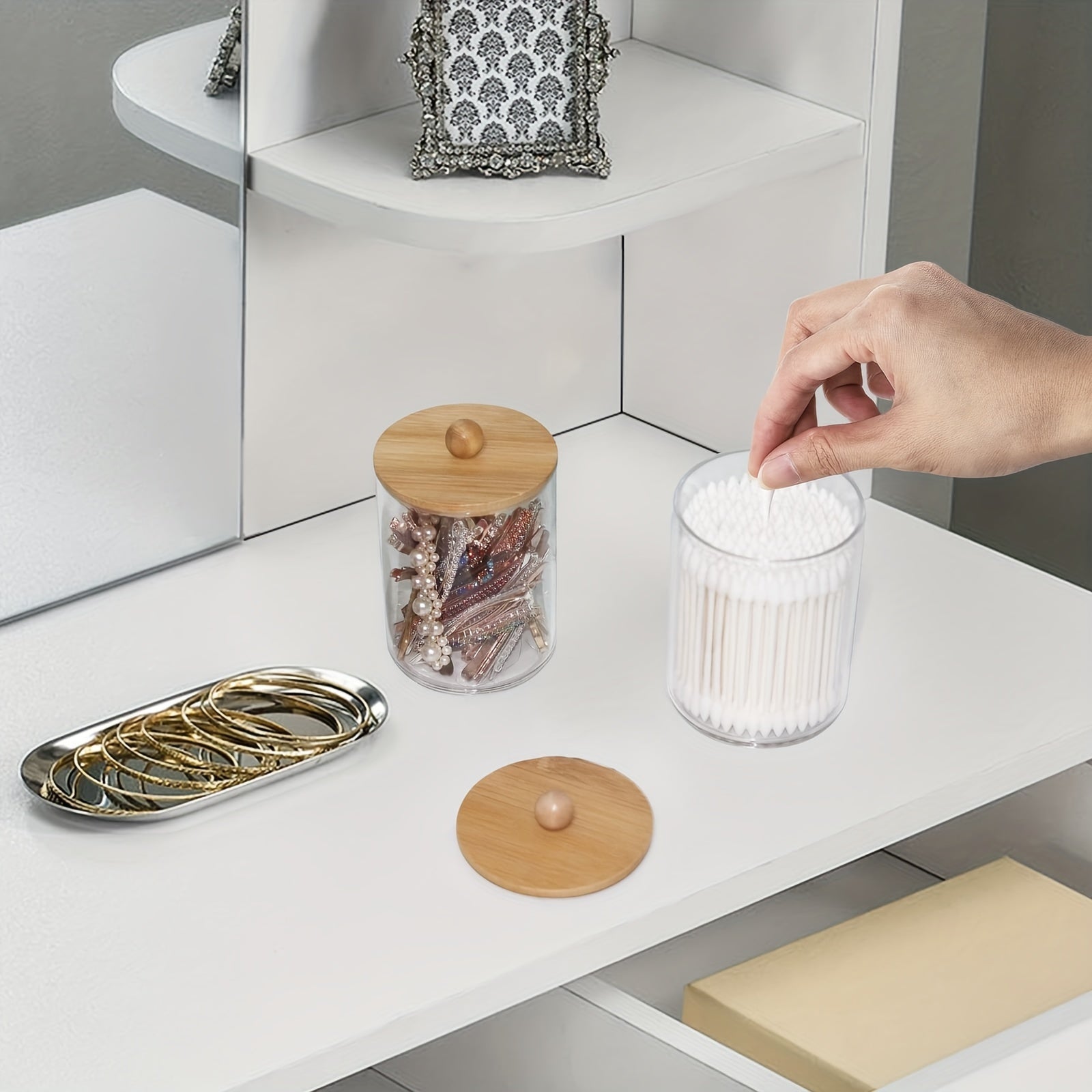 3-Piece 10 Oz Swab Organizer Set with Bamboo Lids for Vanity and Makeup Storage