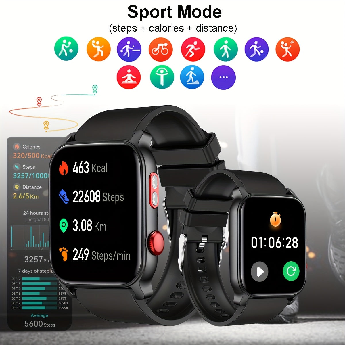 1 Умные часы с IPS-экраном 4,65 см, беспроводными вызовами и набором номера, встроенным светодиодным фонариком, аккумулятором с USB-зарядкой, более 100 спортивными режимами, силиконовым ремешком, для мужчин и женщин, совместимы с