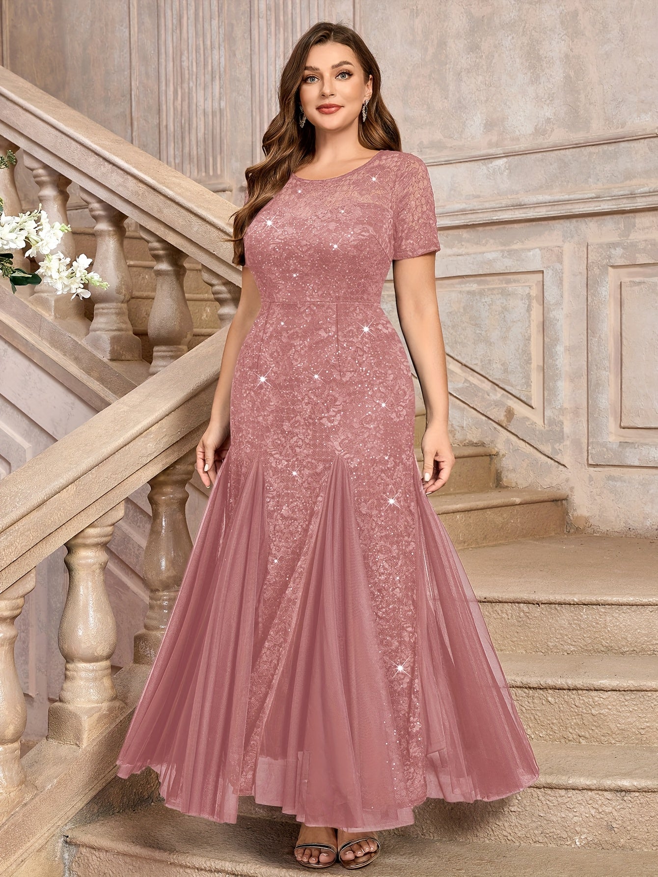 Plus Size Women's Navy Blue Sequin Lace Mermaid Maxi Dress for Formal Events