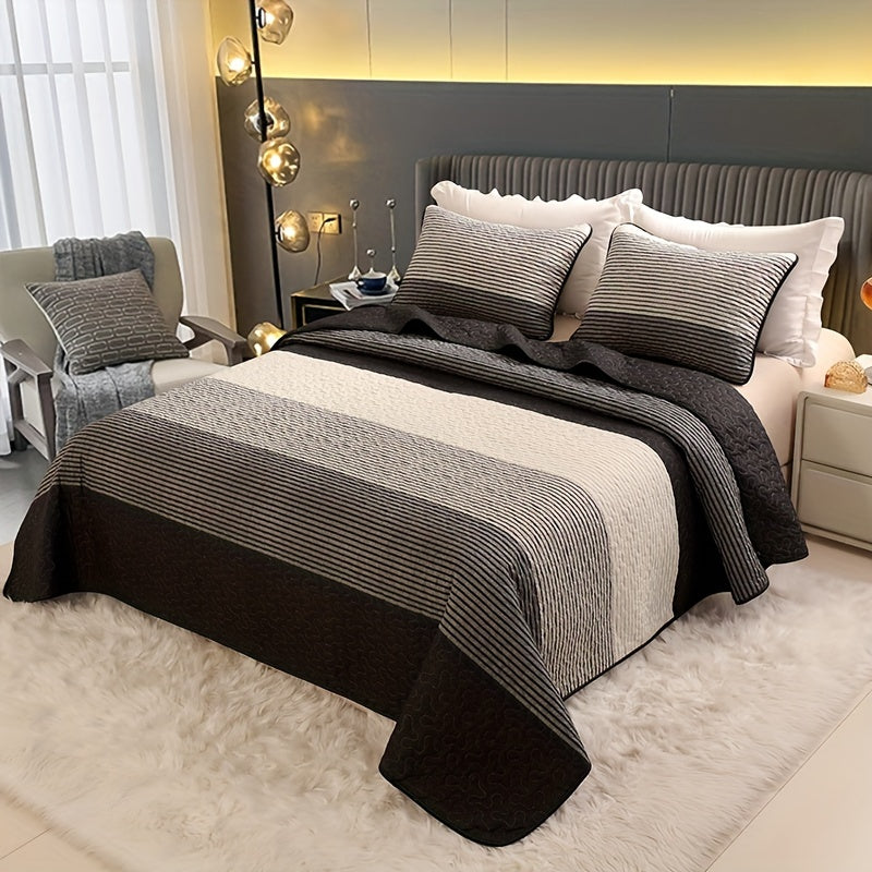 3-Piece Brushed Bedspread Set in Black Grey White Stripes with Pillowcases for Bedroom and Guest Room