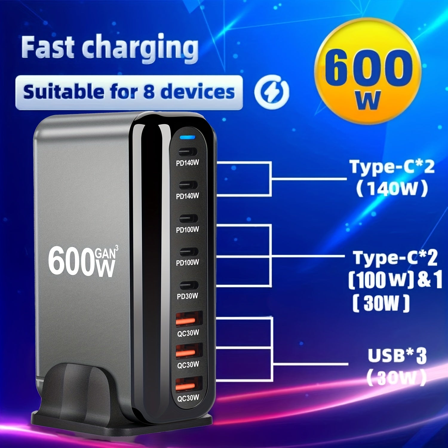 600W 8-port USB Type C tez zaryadlovchi Gan Fast Charge 3.0 planshetlar va mobil qurilmalar uchun