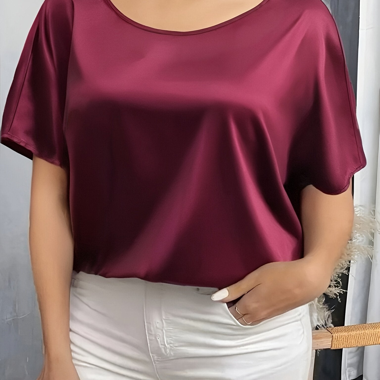 Women's Plus Size Red Short Sleeve Top Loose Fit Polyester All-Season Casual