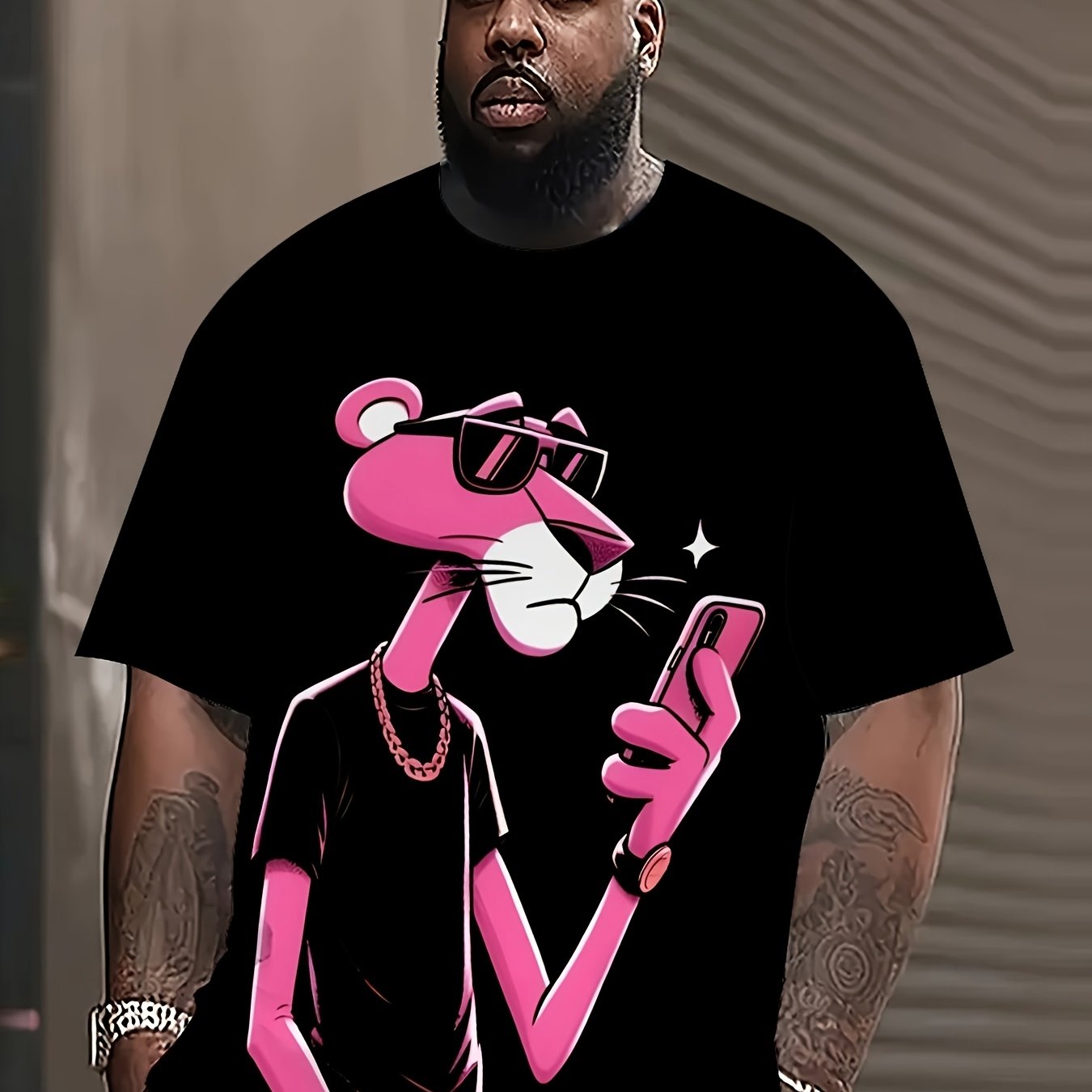 Men's Plus Size Short Sleeve T-Shirt with 3D Pink Leopard Cartoon Animal Pattern Crew Neck Sports Casual