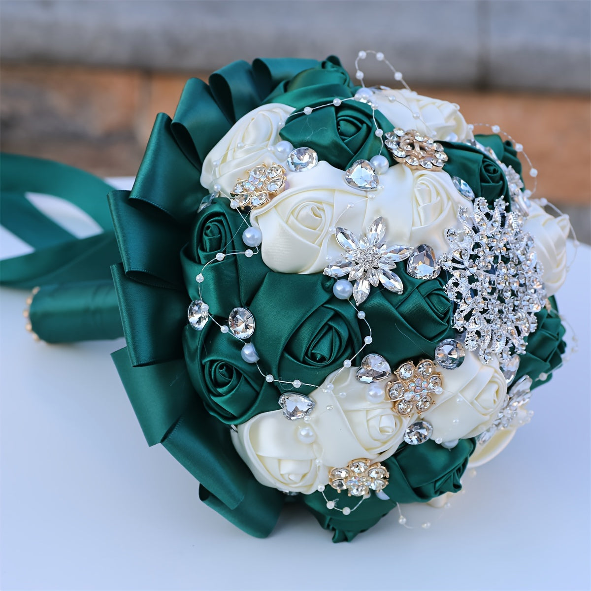 Handmade Wedding Bouquet Satin Flowers Rhinestones Faux Pearls for Bride Bridesmaids
