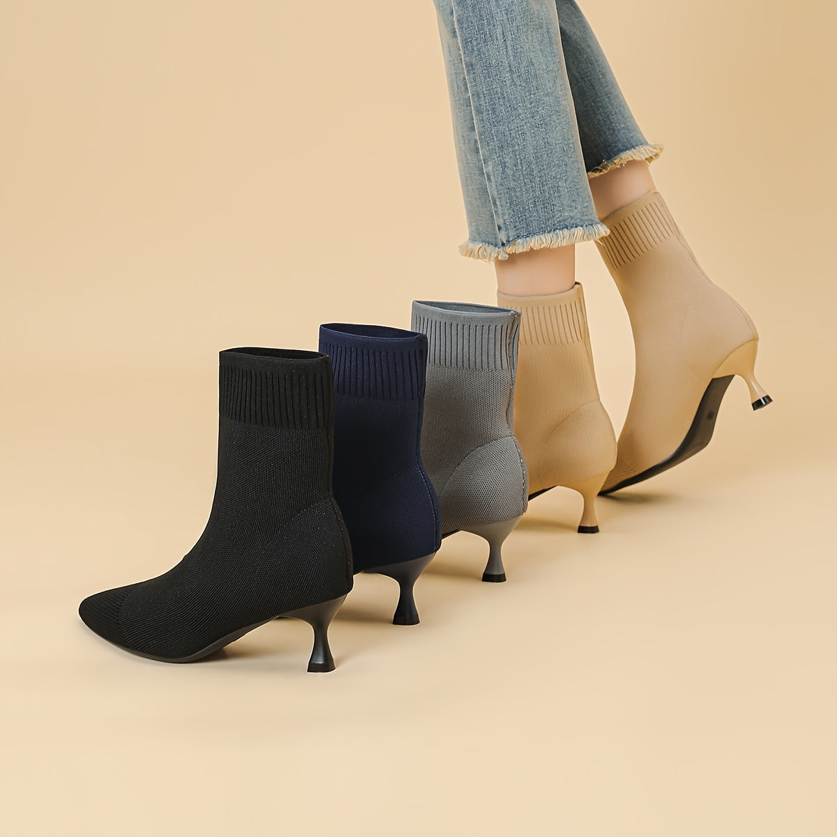 Women's Solid Color Breathable Fabric Ankle Boots Pointed Toe Stilettos