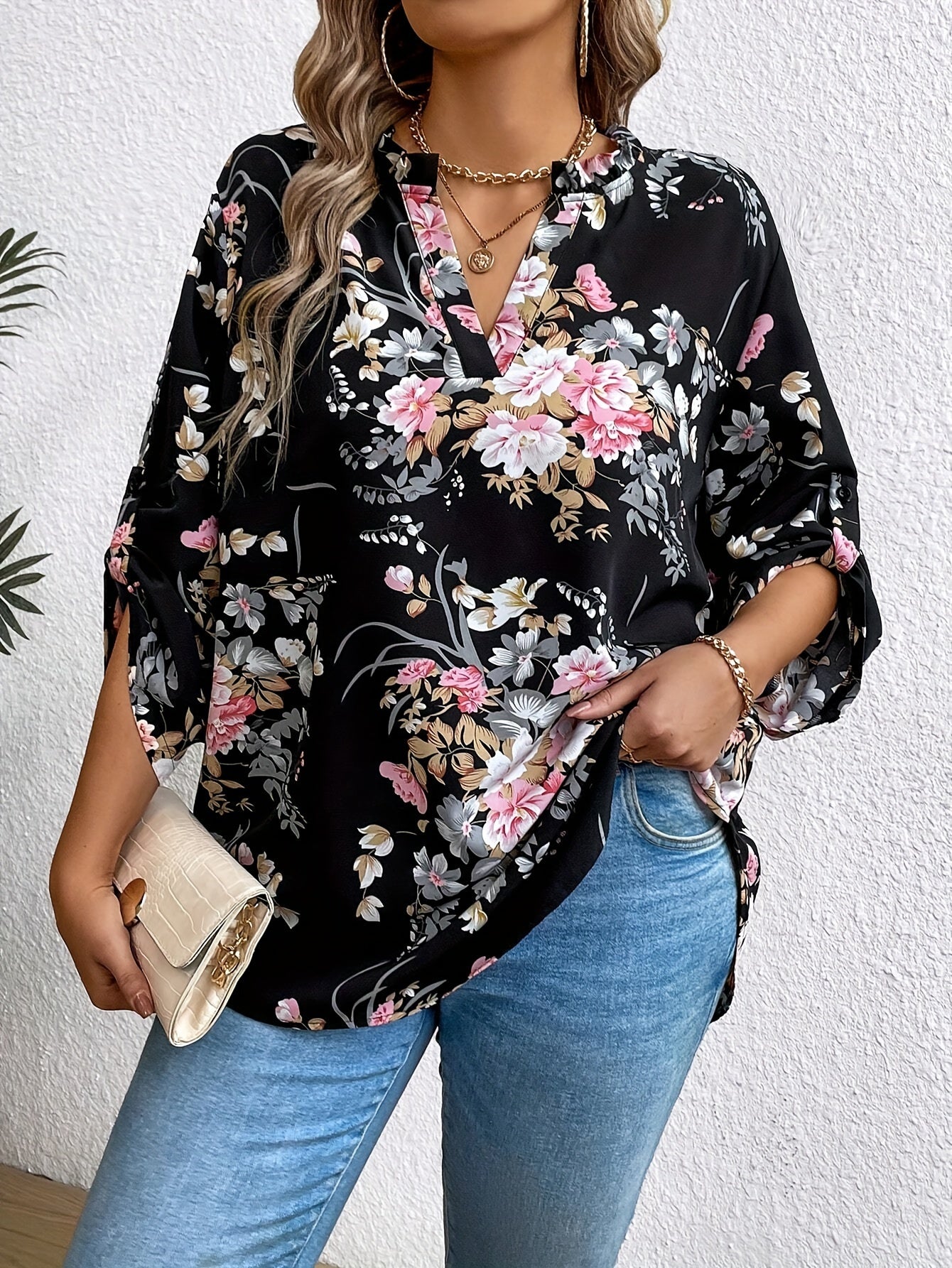 Plus Size Floral Print Blouse Long Sleeve V-Neck Spring Fall Polyester Elegant