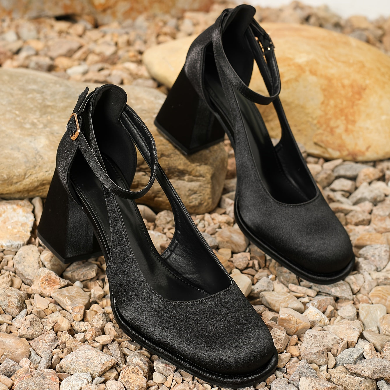 Women's Satin Square Toe High Heel Shoes with Ankle Strap for Evening Dress