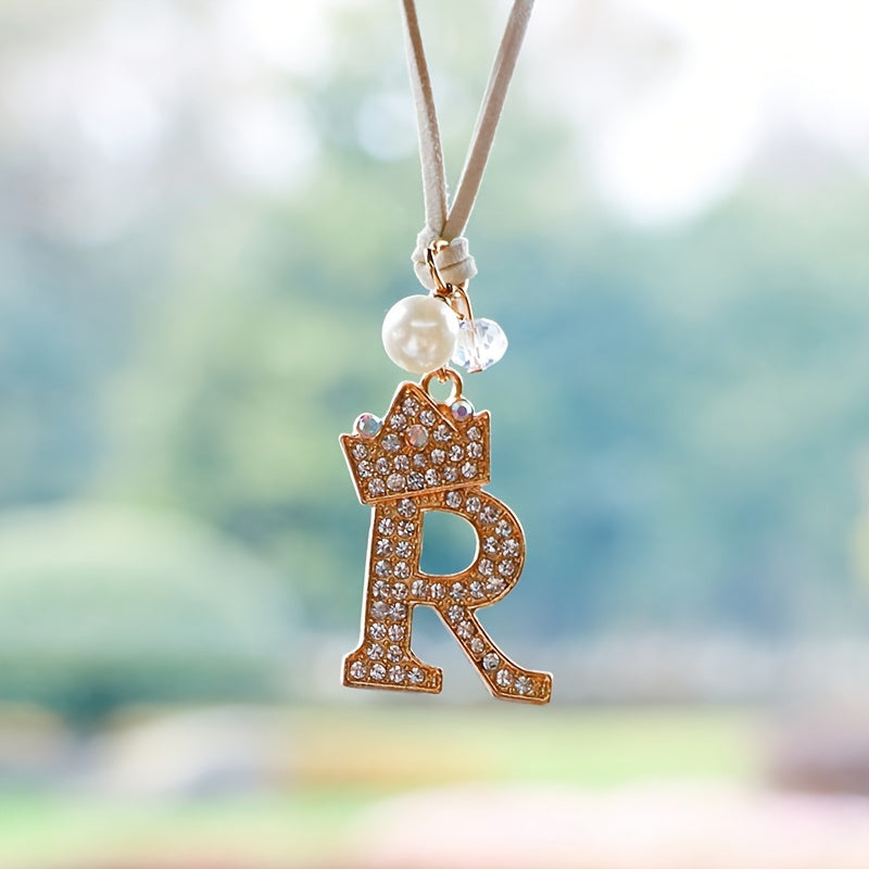 Alphabet Car Mirror Charm Set with Sparkling Crown Pendants for Vehicle Decoration