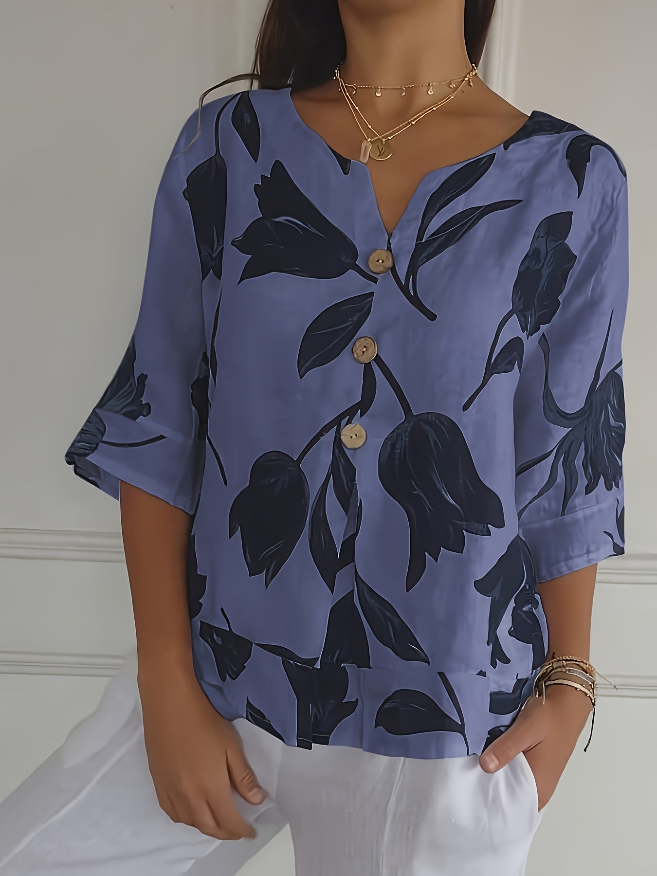 Plus Size Floral V-Neck Blouse for Women Casual Short Sleeve Polyester Blend