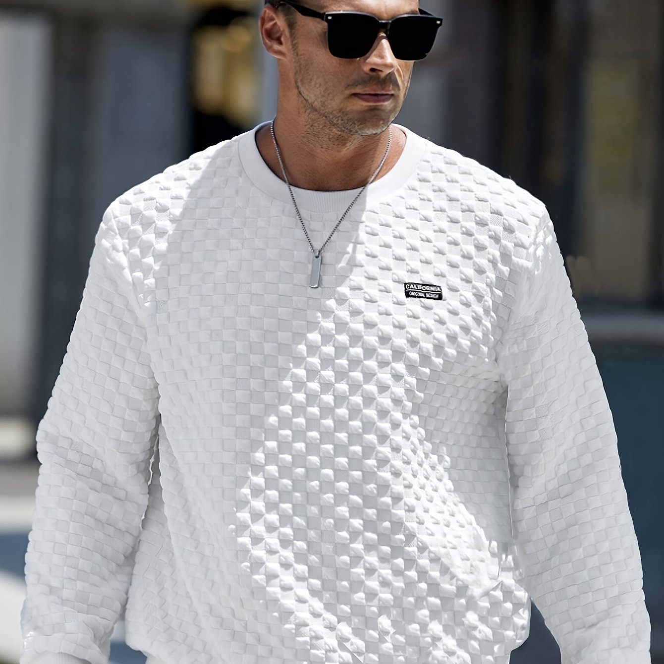 Men's Crew Neck Sweatshirt Knit Texture Checkered Design Cotton Casual Regular Fit