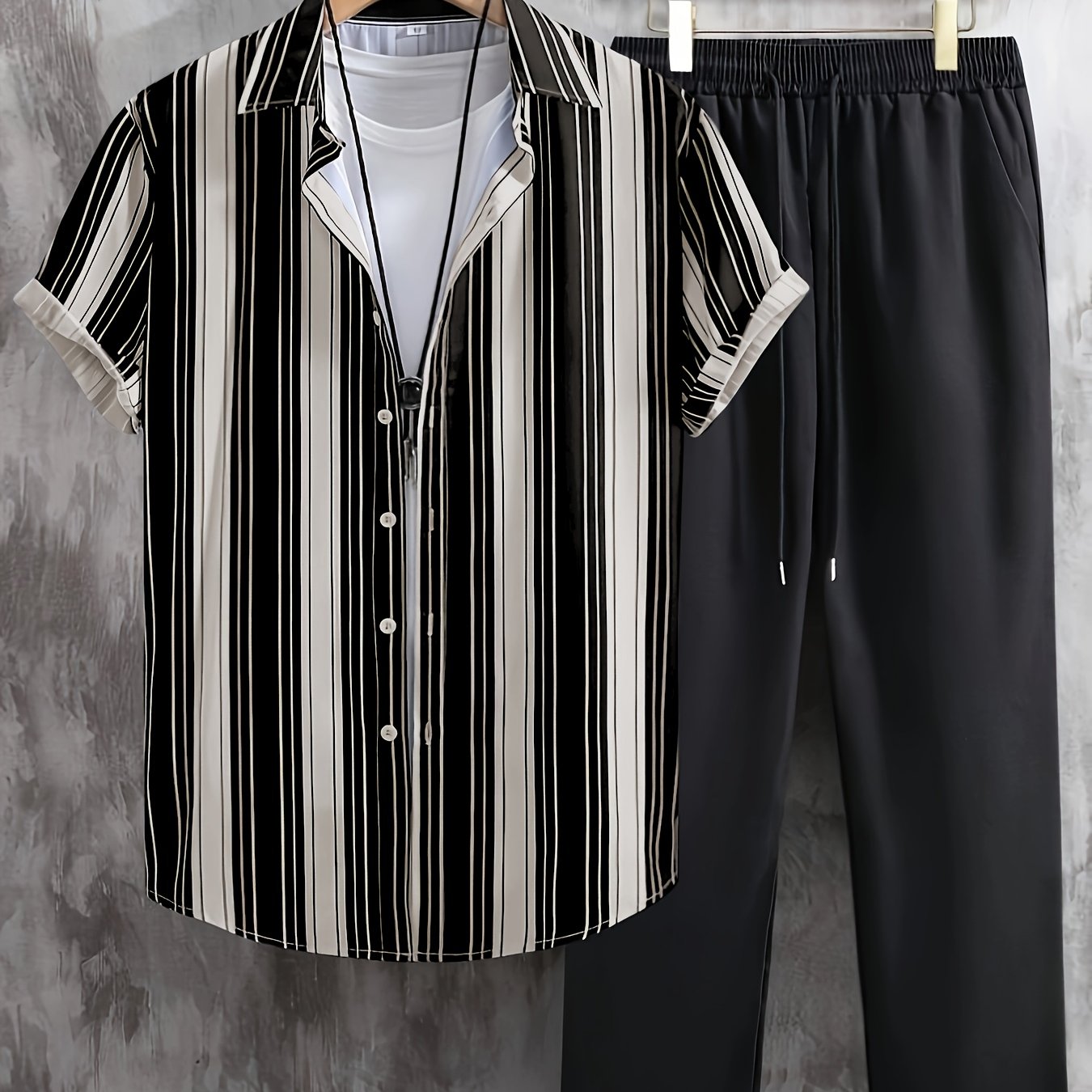 Men's Casual Geometric Polyester Outfit with Lapel Collar for Fall