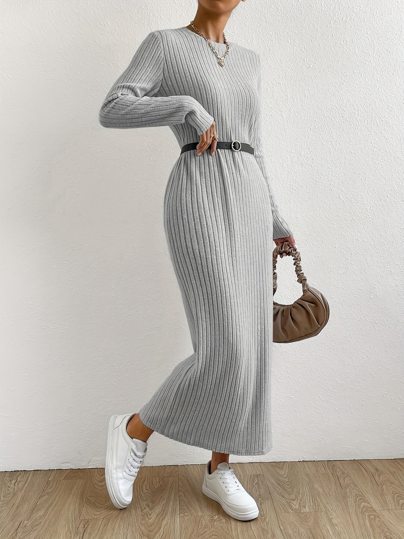 Women's Striped Knit T-Shirt Dress Long Sleeve Crew Neck Spring Fall