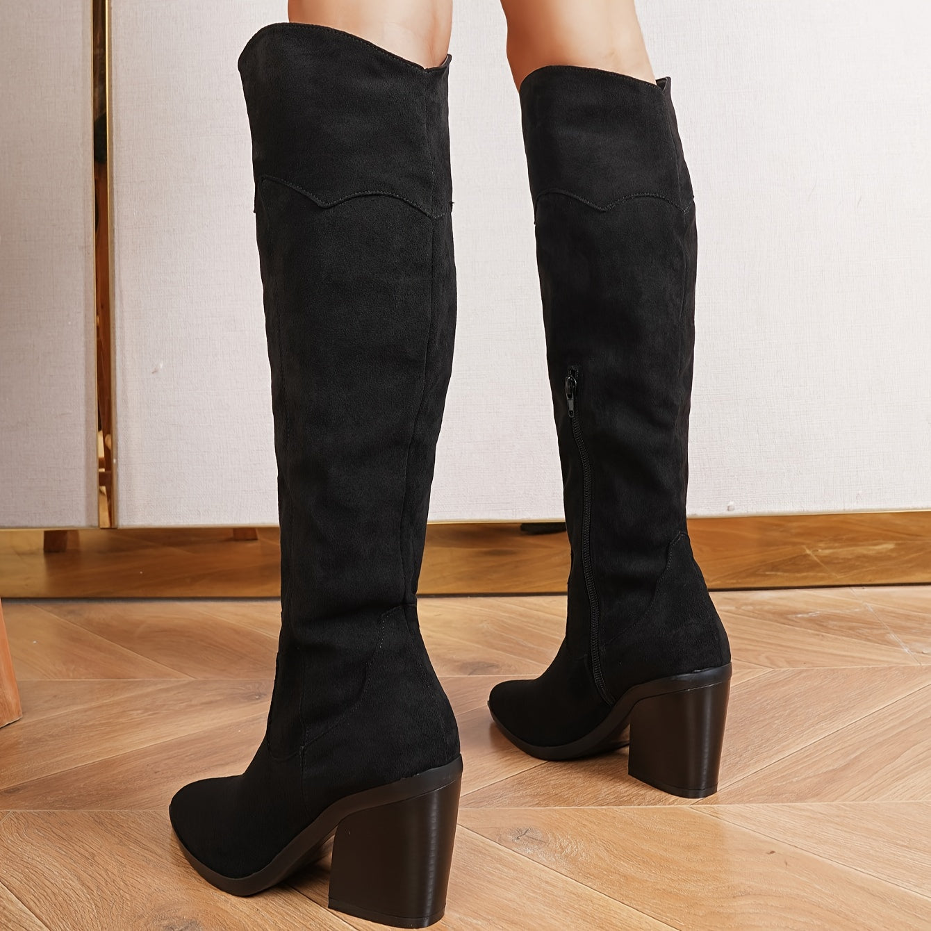 Women's Knee-High Boots with Block Heel and Flannel Upper