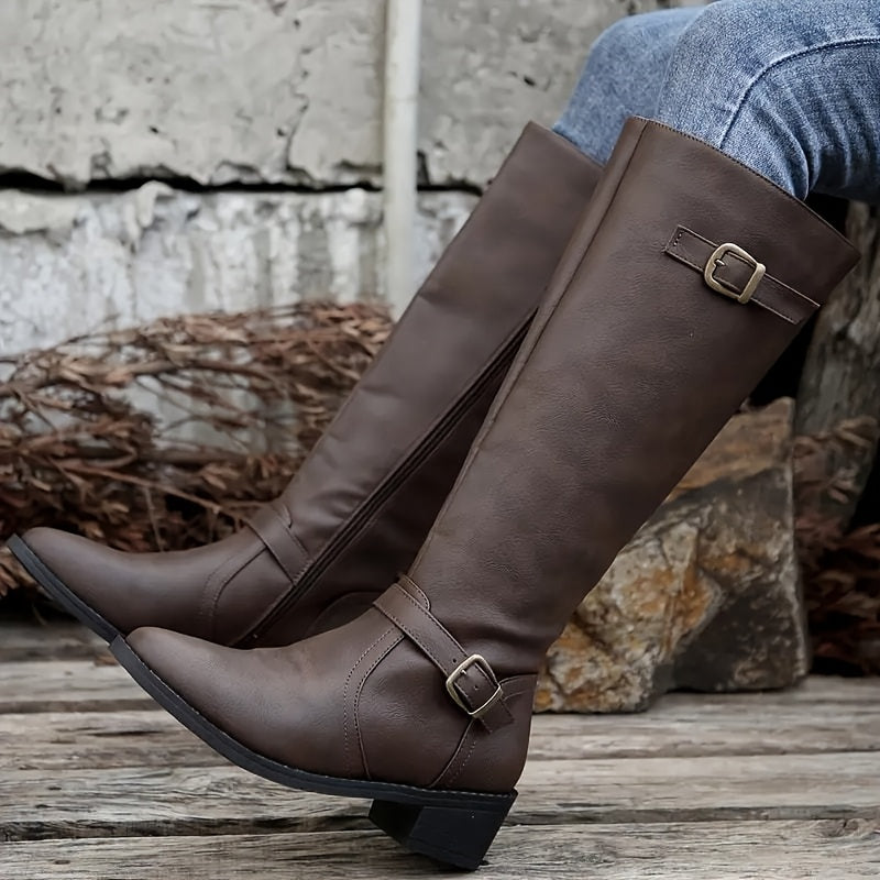 Women's Brown Faux Knee-High Boots with Metal Buckles for Casual Outdoor Wear