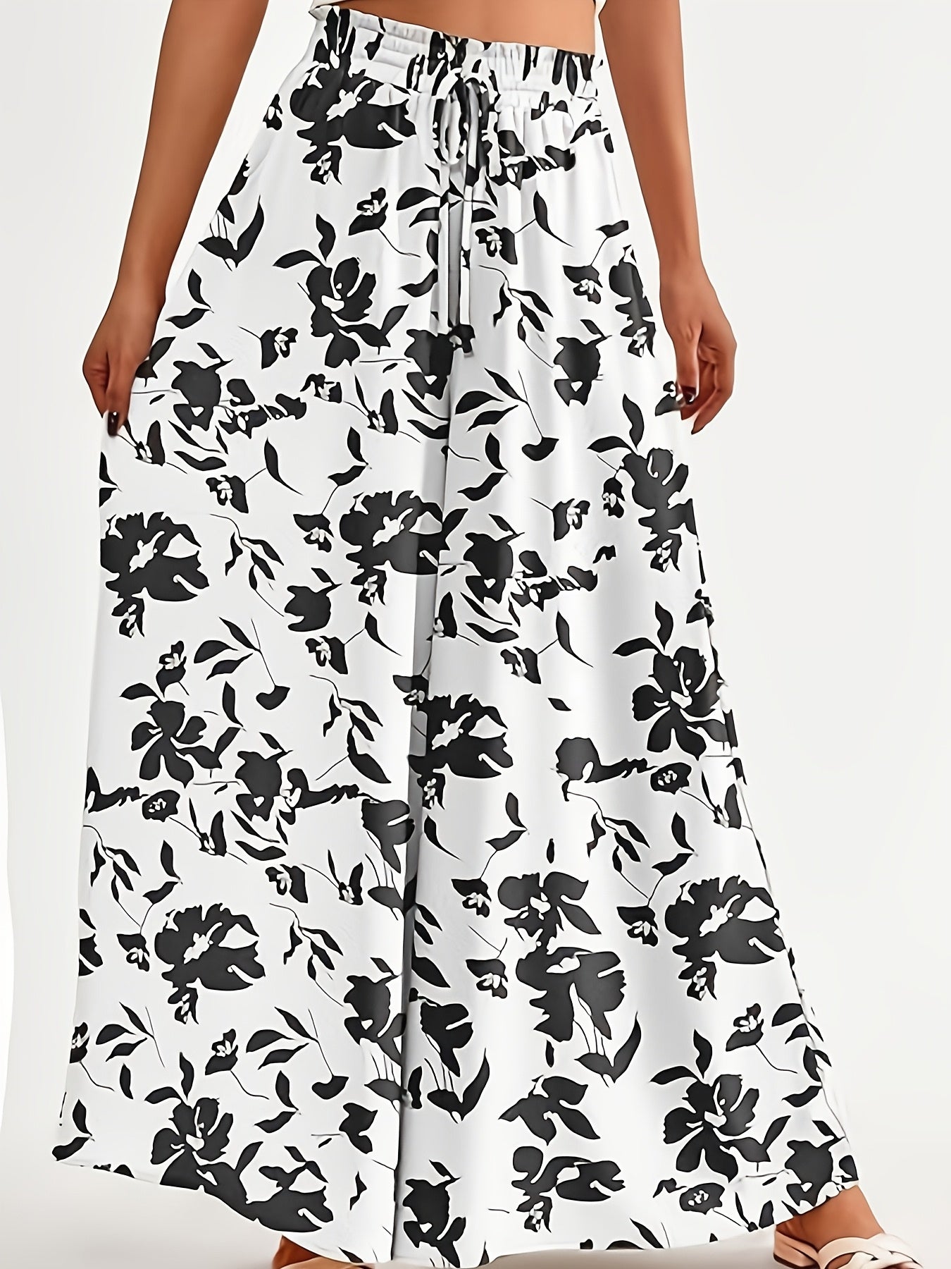 Plus-Size Women's Floral Print Pleated High-Waisted Wide-Leg Casual Beach Trousers