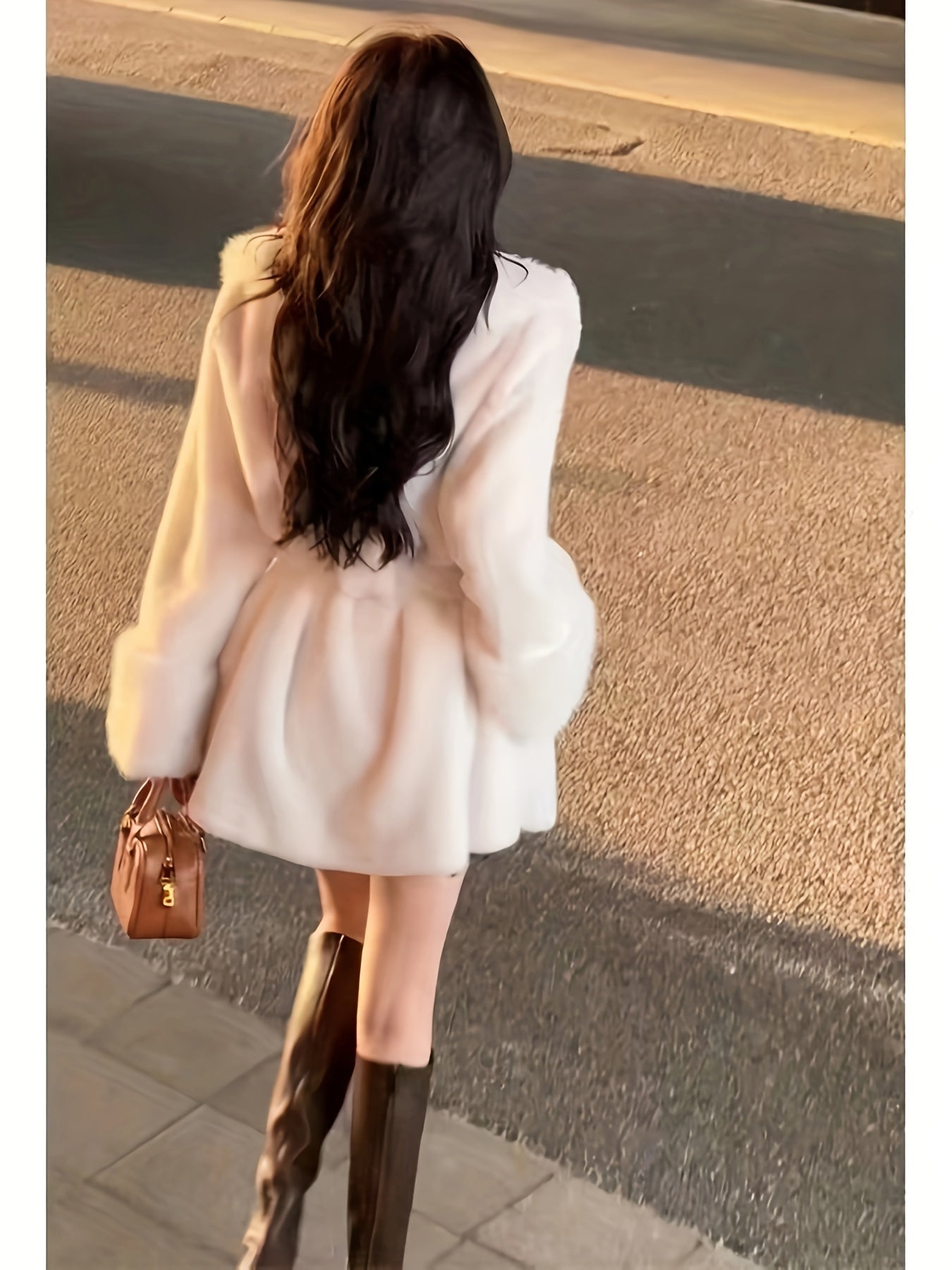 Women's Faux Fur Teddy Coat with Belt Long Sleeve Midi Winter Chic Solid