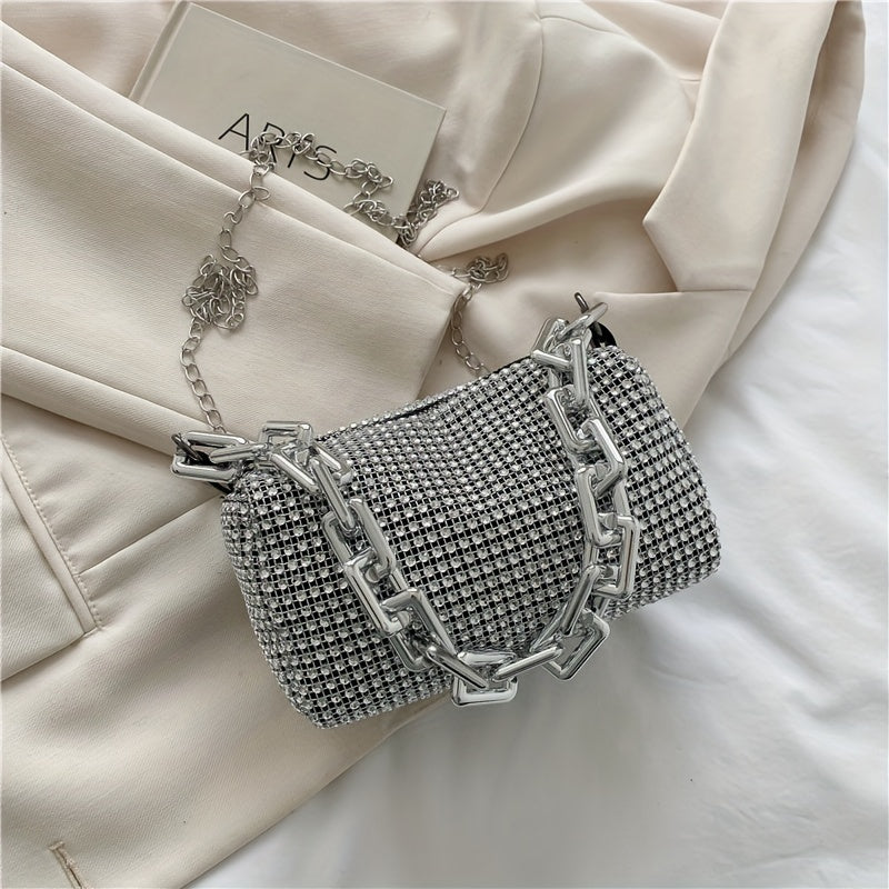 Silver Grey Glitter Evening Bag with Chain Strap and Zipper Closure