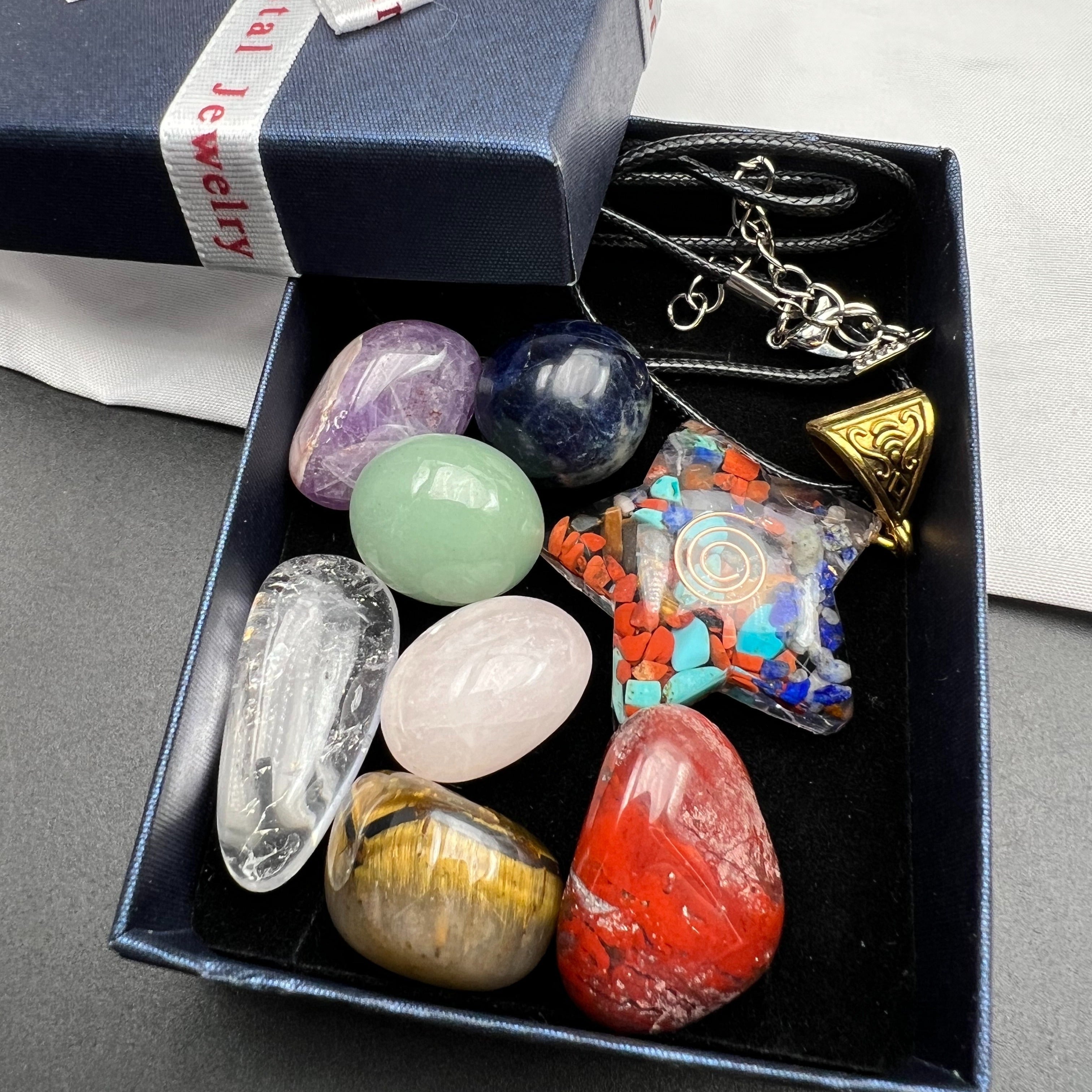 Set of 8 Natural Stone Pendants with Necklace Gift Box for Men and Women
