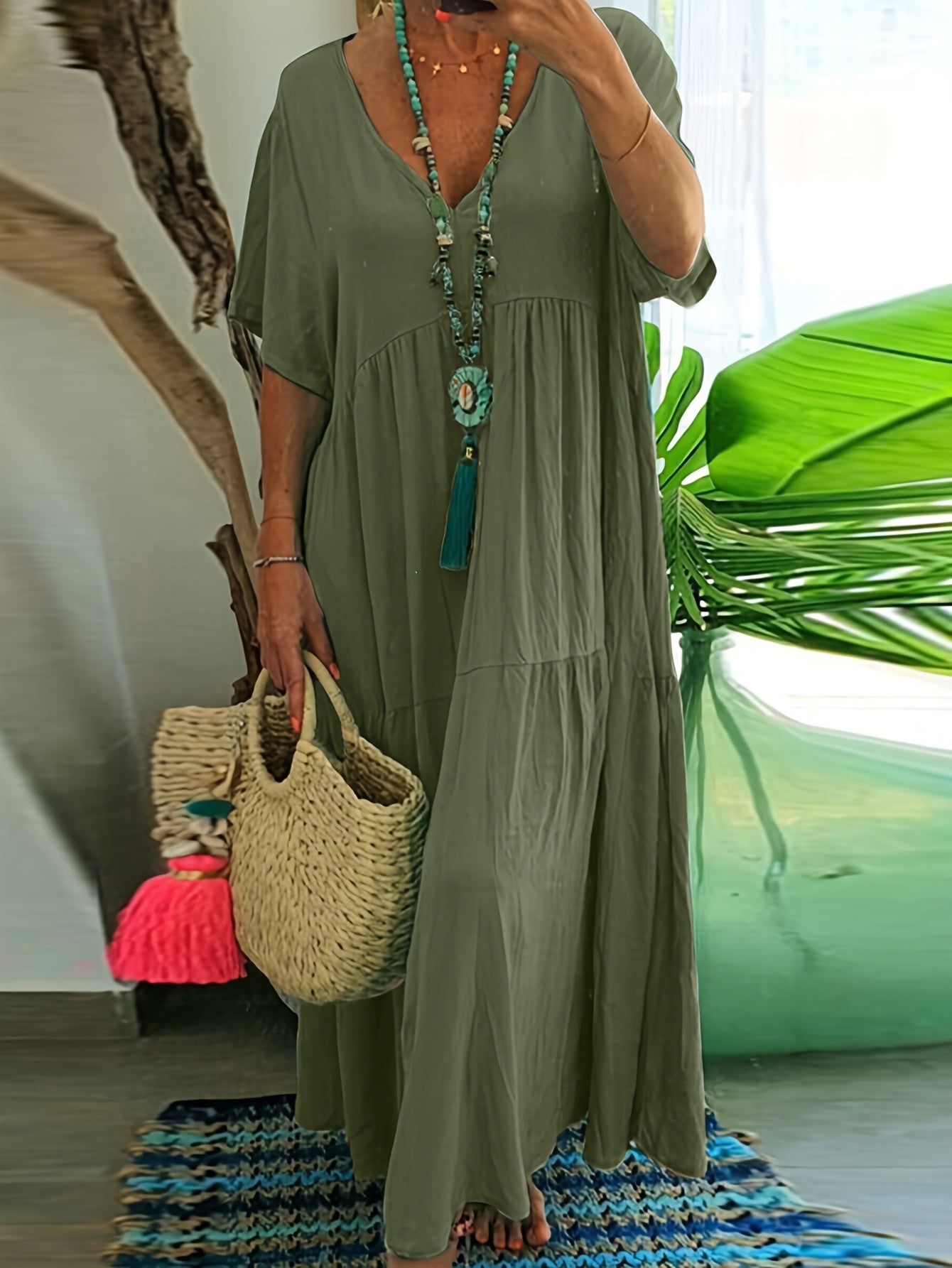 Plus Size Solid Ruched Tiered Dress Short Sleeve V-Neck Summer Loose Fit Women