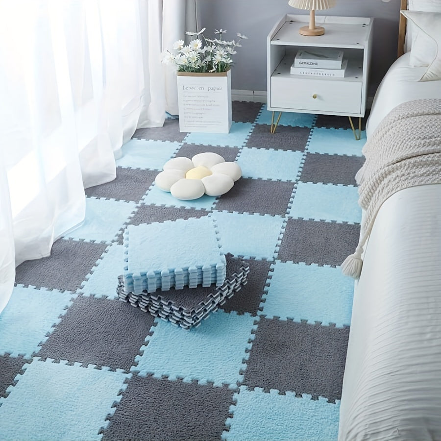 12 dona flocked gilam bo‘laklarini birlashtirish matlari, ichki foydalanish uchun, sirpanishga qarshi, butun polni qoplaydi, 11.81x11.81 dyuym