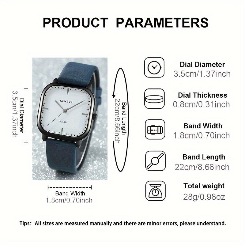 Square Quartz Wrist Watch for Men and Women Alloy Case PU Leather Band Casual Style