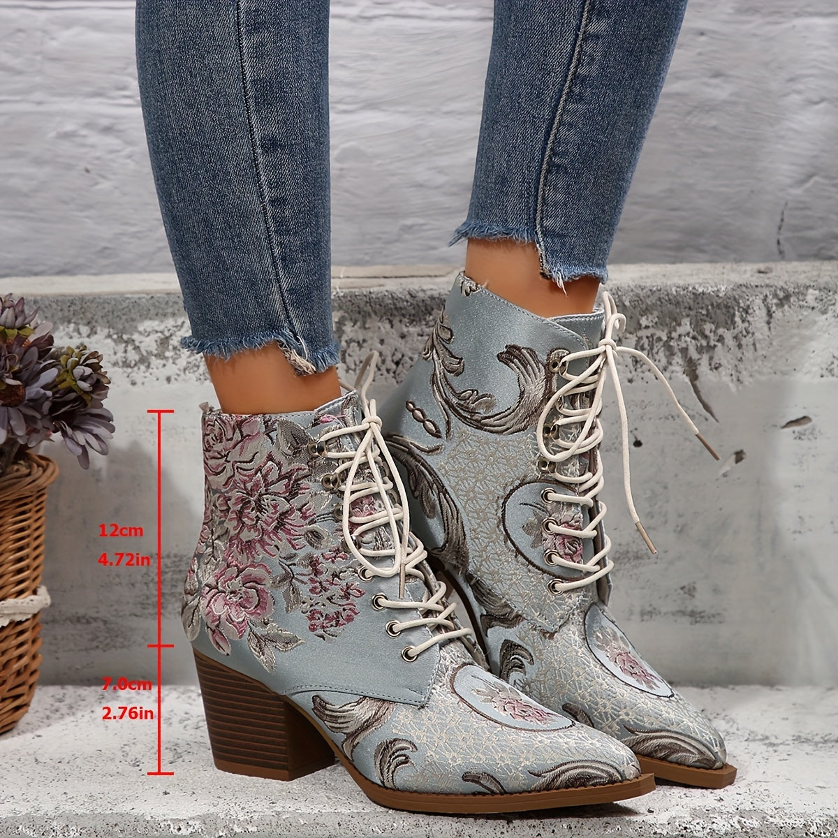 Women's Floral Embroidered Ankle Booties Leather High Heel Lace-Up
