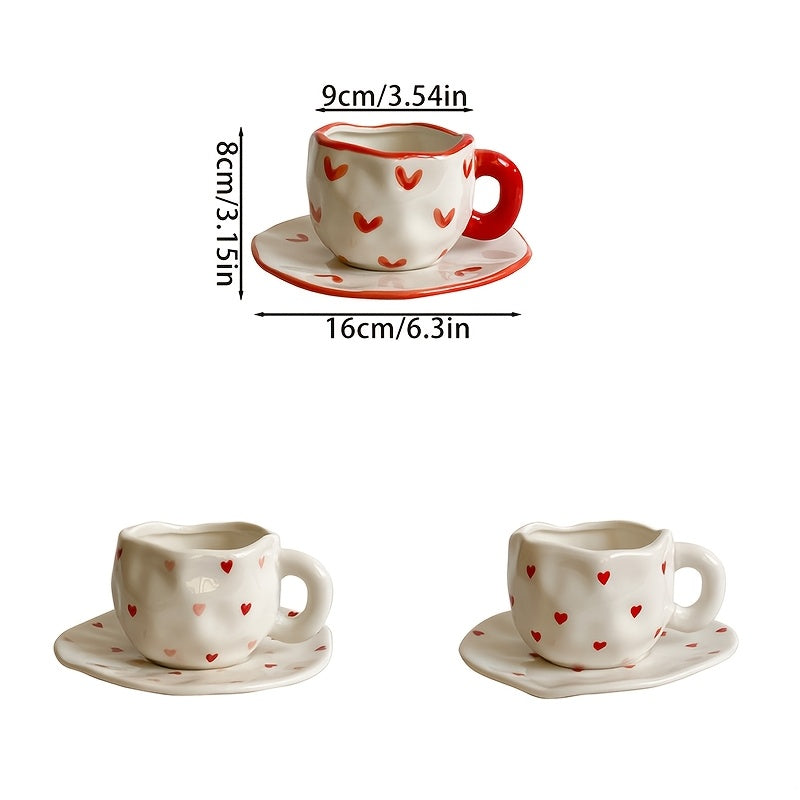 Valentine's Day Irregular Ceramic Coffee Mug and Saucer Set with Hand-Kneaded Texture