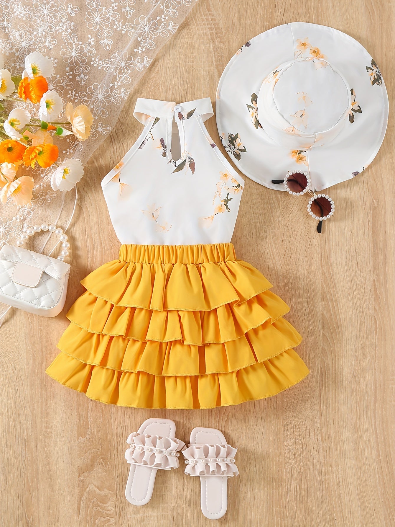 Girls Floral Garter Top Layered Skirt Summer Outfit for Young Girls