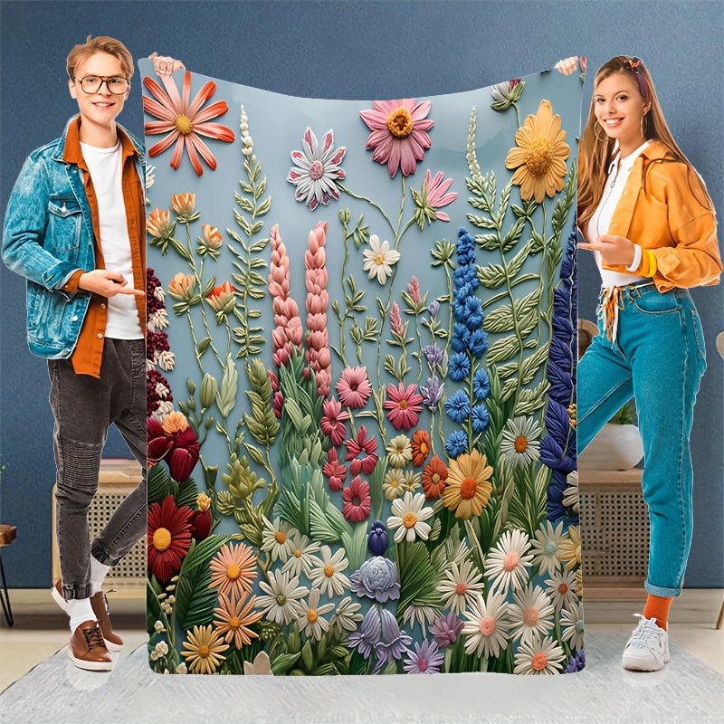 Floral Embroidered Throw Blanket Soft Cozy Flannel for Home Camping Travel