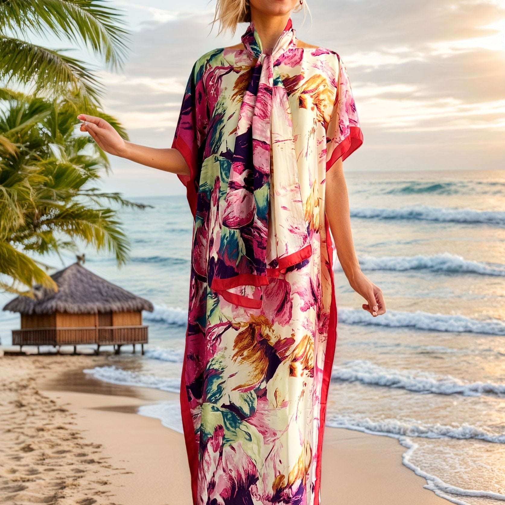 Plus Size Floral Print Maxi Dress with Scarf for Women Pink White Batwing