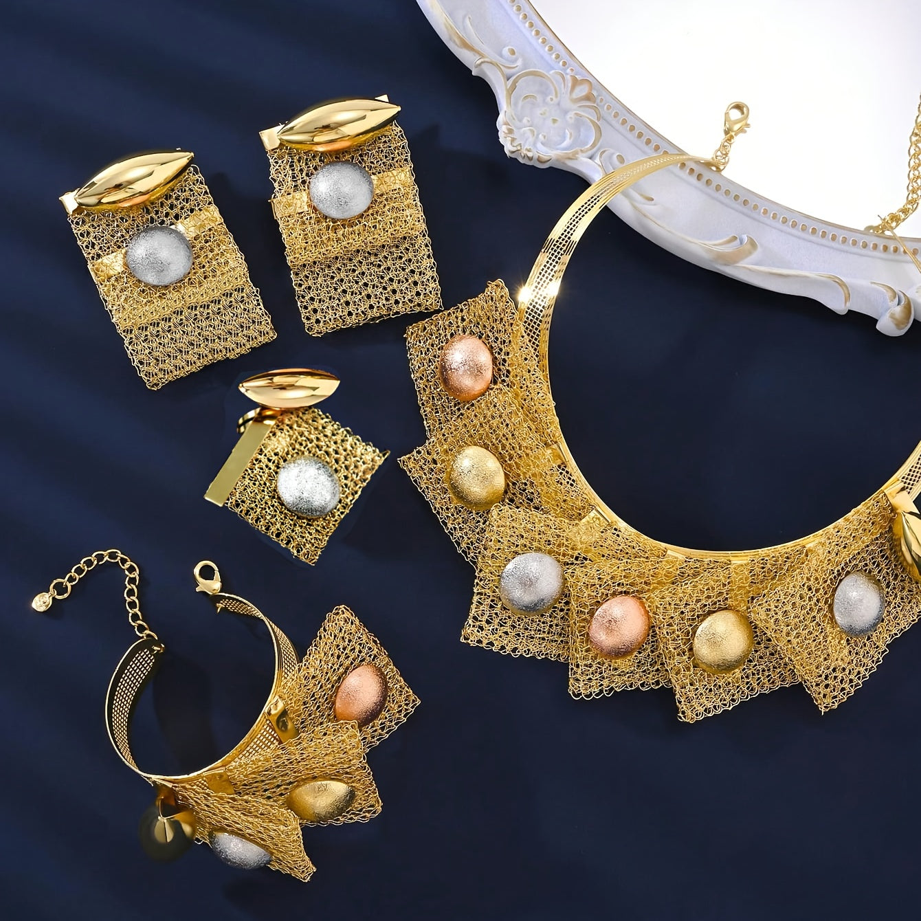 Vintage Arabian Style Jewelry Set 18K Gold Plated Copper Necklace Earrings Bracelet Ring for Women