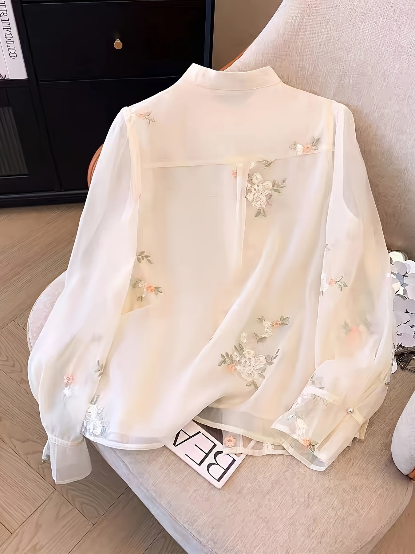 Women's Embroidered Polyester Blouse with Mandarin Collar for Spring and Fall