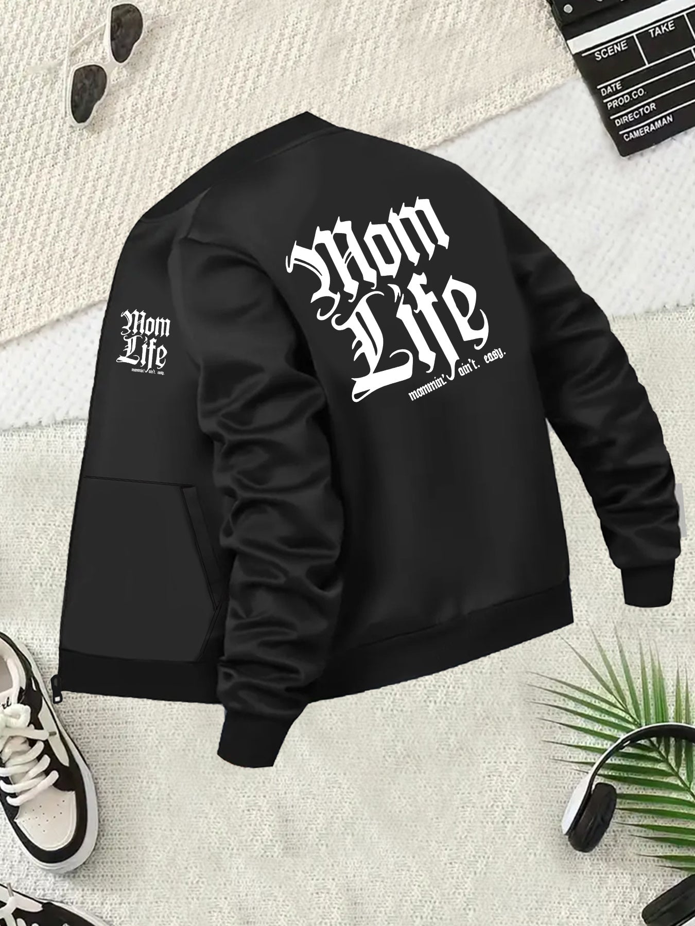 Women's Black Plus Size Jacket with "Mom Life" Back Print Zip-Up Coat