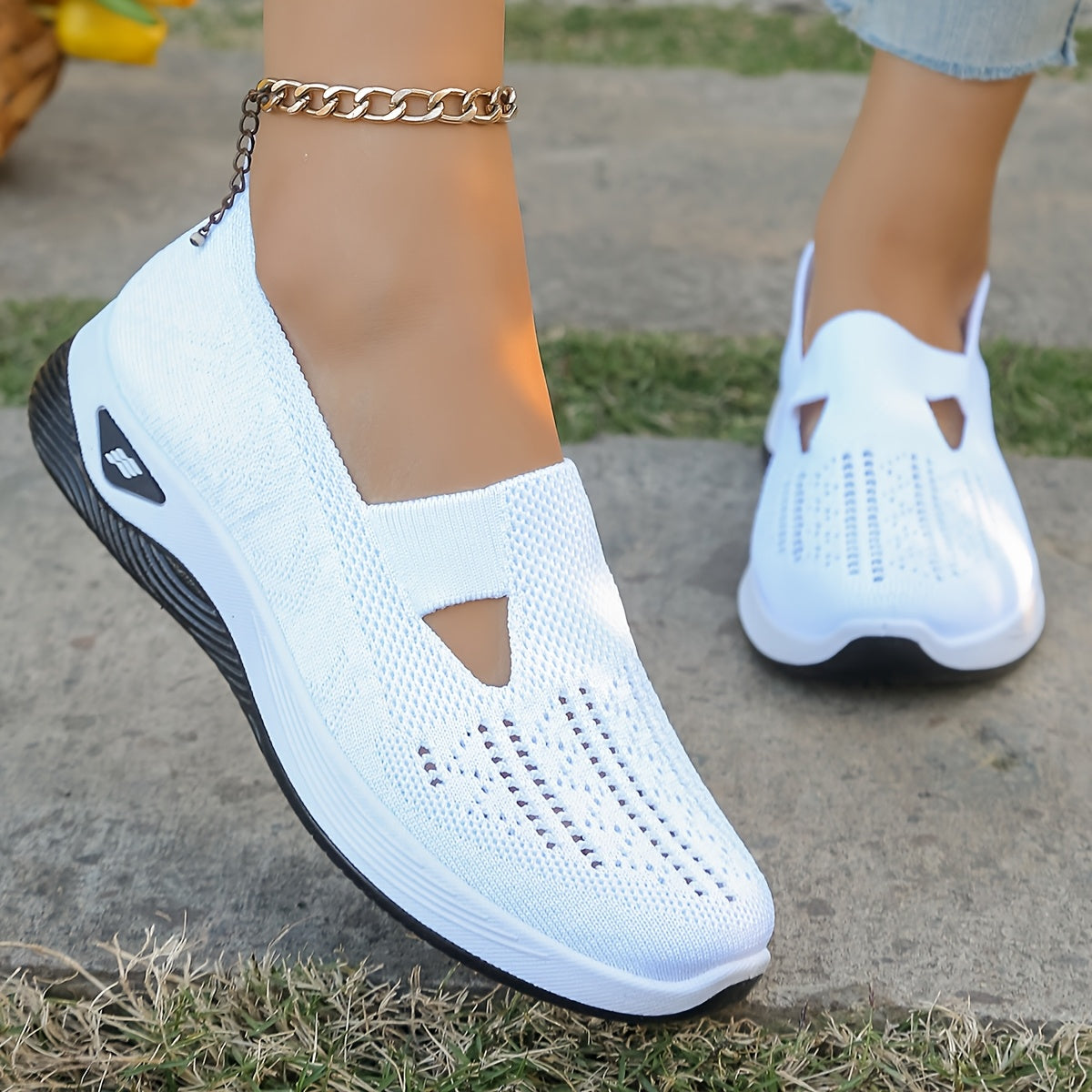Women’s Breathable Knit Slip-On Flats Casual Walking Shoes White Black Sole