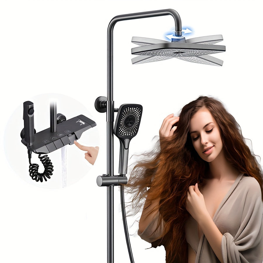 Душевая головка высокого давления размером 12 дюймов с ручным душем с 4 функциями, изготовленная из металла и пластика. Не требует электричества или батареек, включает в себя дисплей температуры.