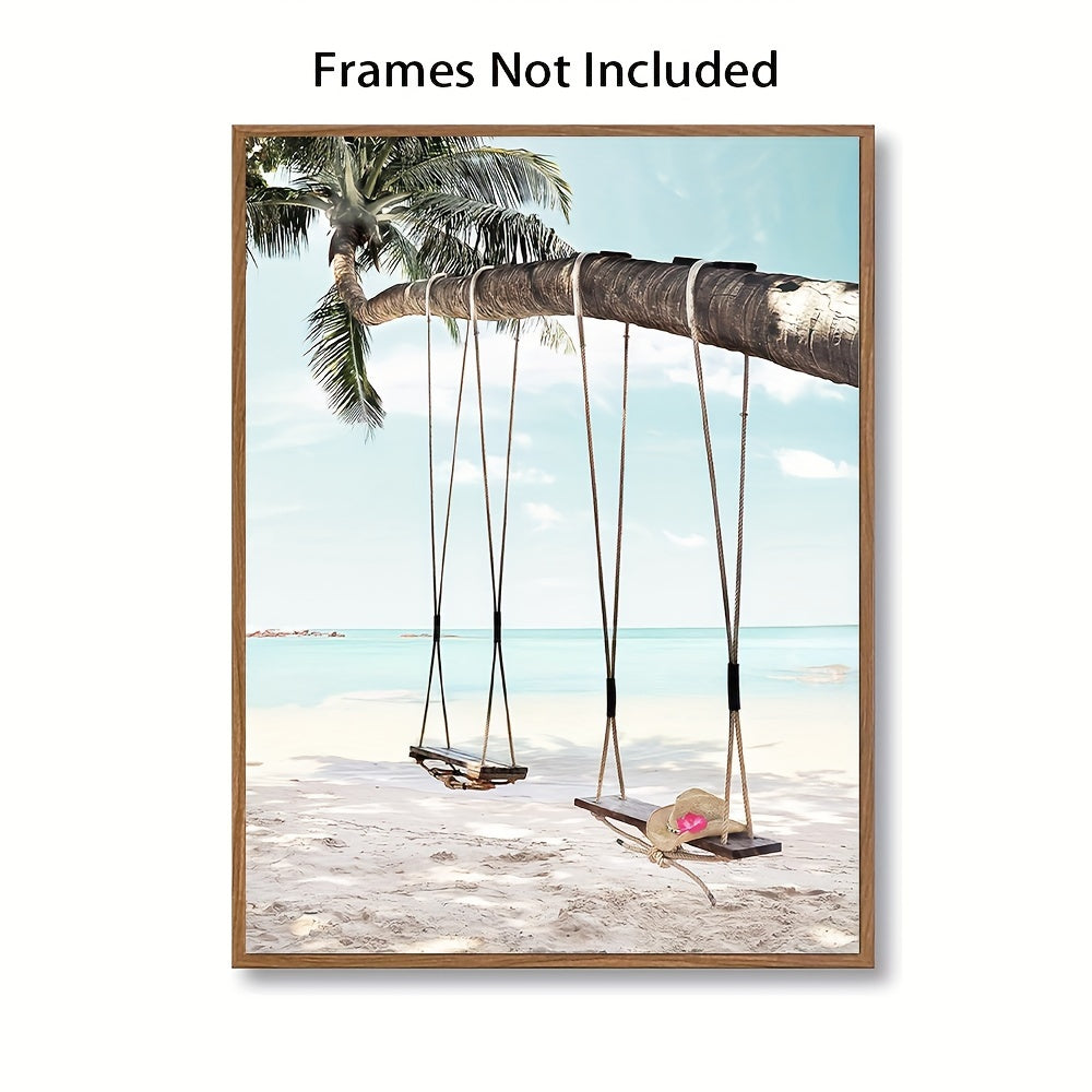 Beach Coast Canvas Wall Art Seaside Palm Tree Ocean Swing Blue Sky Sea View