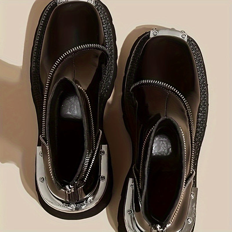 Women's Black Square Toe Ankle Booties with Zipper Platform Heel Rubber Sole