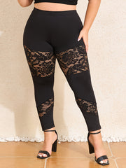 Plus Size Lace Panel High Waist Leggings Polyester Spandex Solid Long Skinny