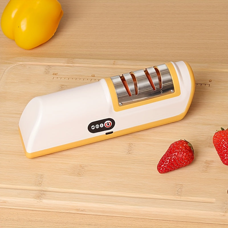 Moslashuvchan 20 daraja burchak bilan portativ USB quvvatlanadigan elektr pichoq silliqlash mashinasi. Turli oshxona pichoqlari va keramik pichoqlar uchun mos. Bardoshli plastmassa korpus.