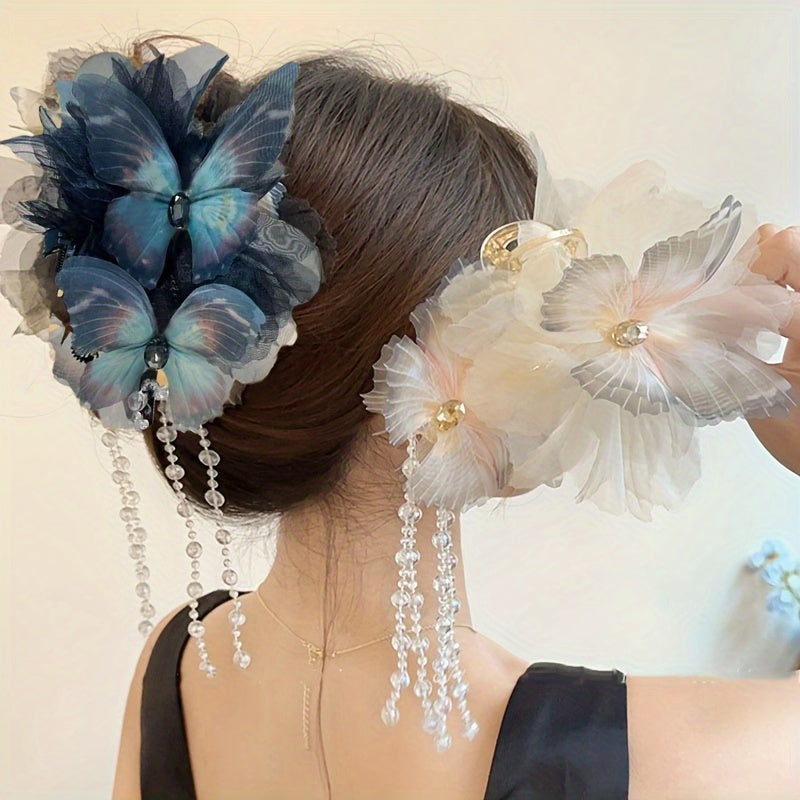 Stylish Blue and White Butterfly Tassel Hair Claw Boho Oversized Shark Clip