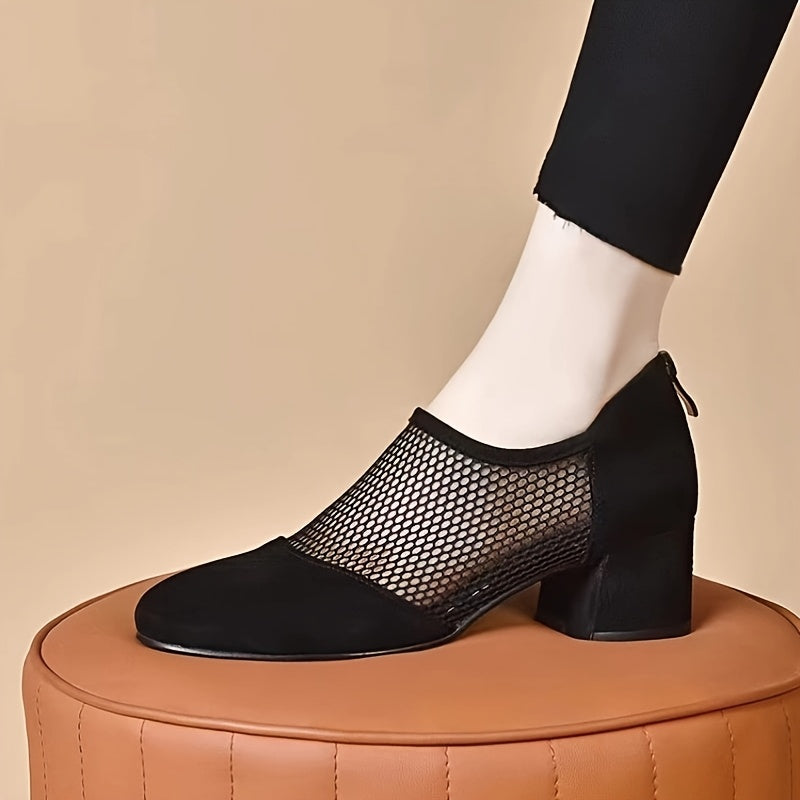 Women Mesh Sandals with Thick Heel and Zipper Closure Black